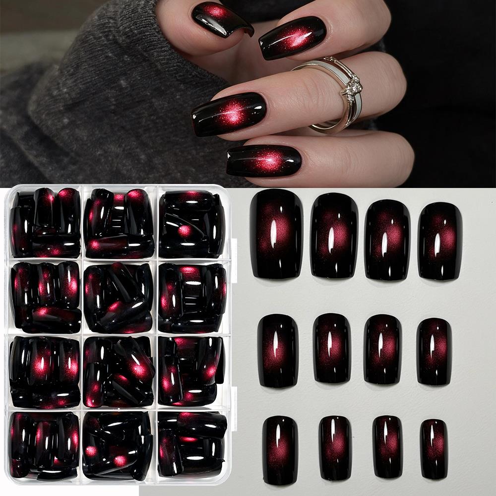 Nail Art Glossy - 144 Stück glänzende, rote Glasperlen-Katzenaugen-Kunstnägel, kurze,
