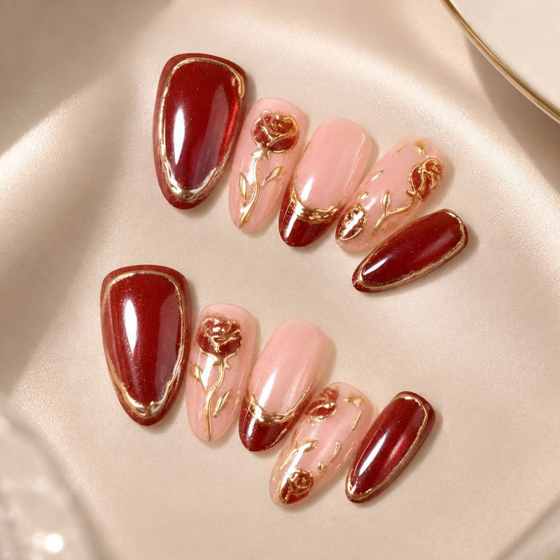 Nail Art Red Wine Cat Eye - 10 Stück französischer Stil, weinrot, vergoldete