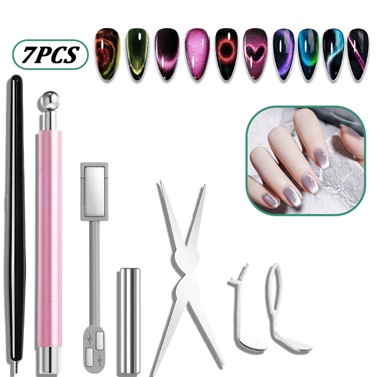Nail Gel Polish Set - 7-teiliges Katzenaugen-Nagelmagnet-Set, magnetisches Nagelkunst-Werkzeugset mit V-förmigem