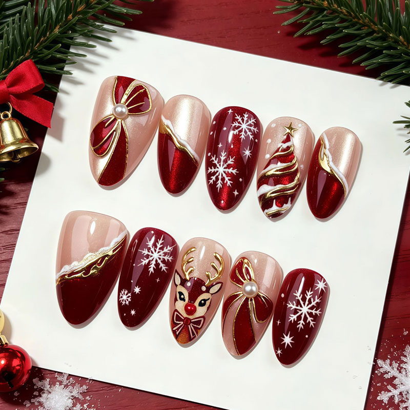 Nail Art Red Wine Cat Eye - 10 Stück Winter Vintage Weinrot Vergoldete
